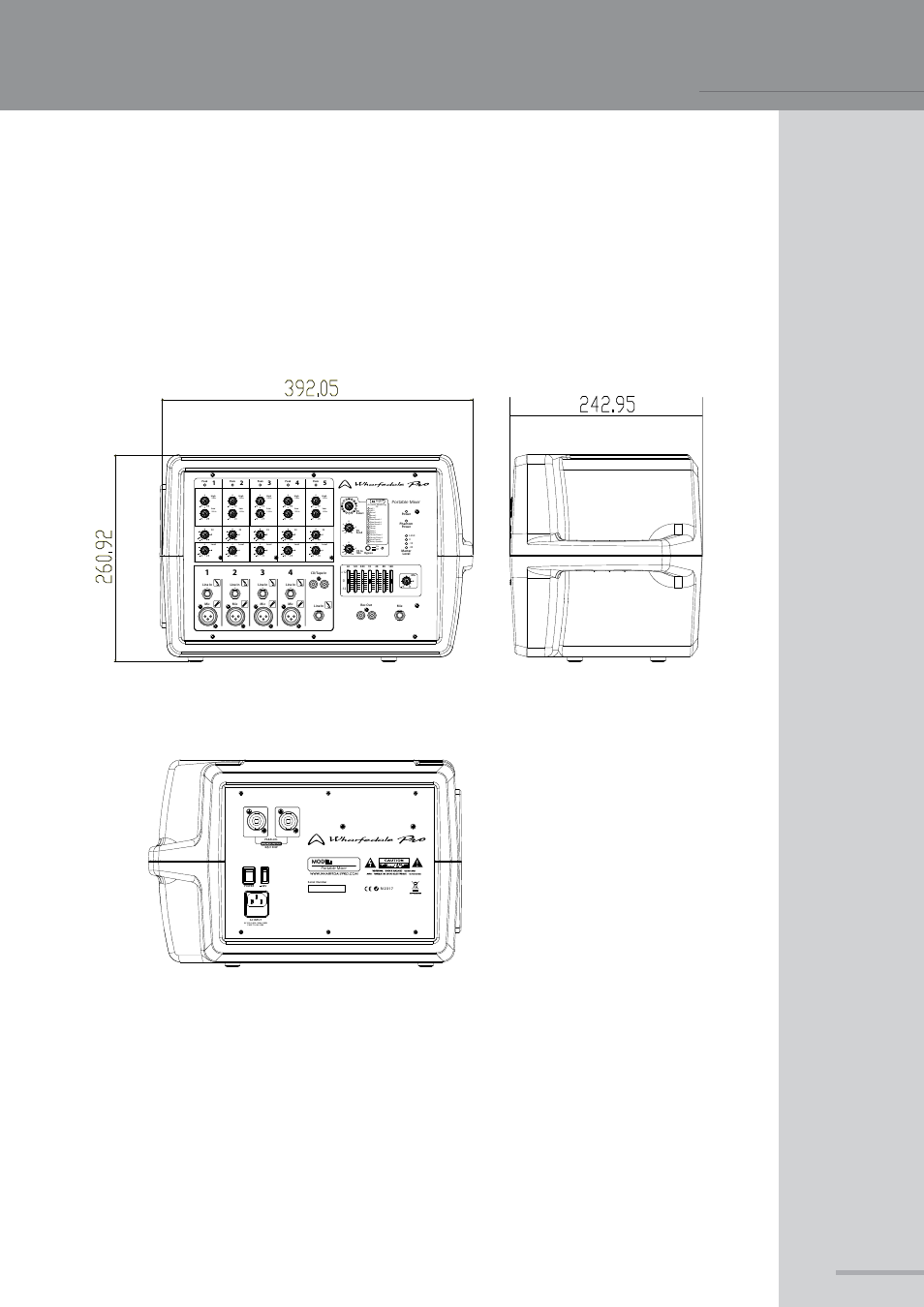 Pmx500 dimensional drawings, Powered mixer, Risk of electric shock do not open | Wharfedale Pro PMX 710 User Manual | Page 13 / 28