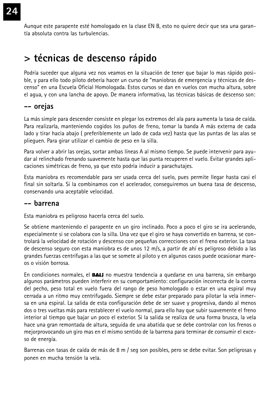Técnicas de descenso rápido, Orejas, Barrena | Windtech bali User Manual | Page 24 / 32