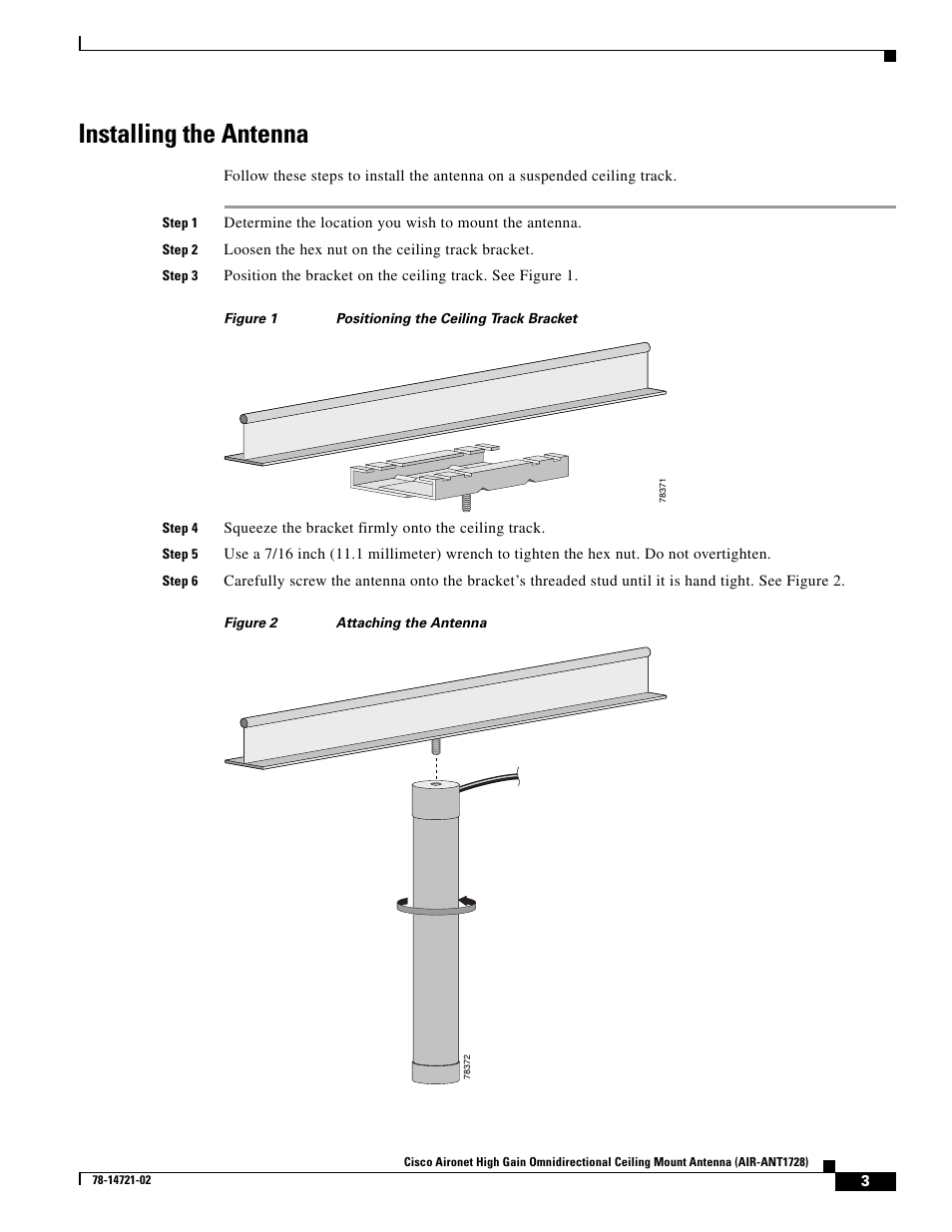 Installing the antenna | Cisco Aironet High Gain Omnidirectional Ceiling Mount Antenna AIR-ANT1728 User Manual | Page 3 / 4
