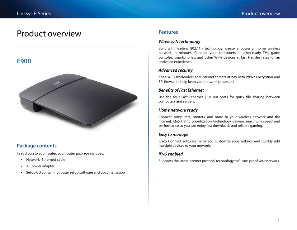 Product overview, E900, Package contents | Features | Linksys E4200 User Manual | Page 13 / 92