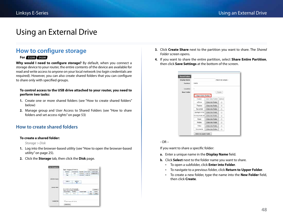 Using an external drive, How to configure storage, How to create shared folders | Linksys E4200 User Manual | Page 60 / 92