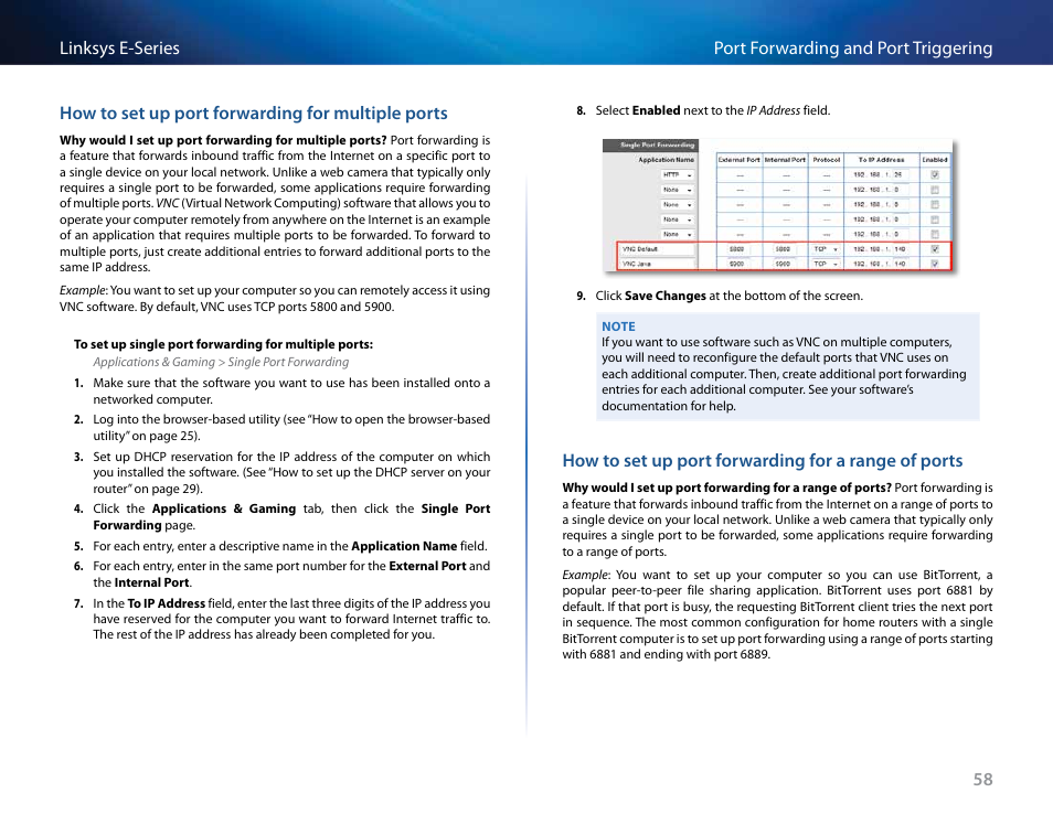 How to set up port forwarding for multiple ports, How to set up port forwarding for a range of ports | Linksys E4200 User Manual | Page 70 / 92