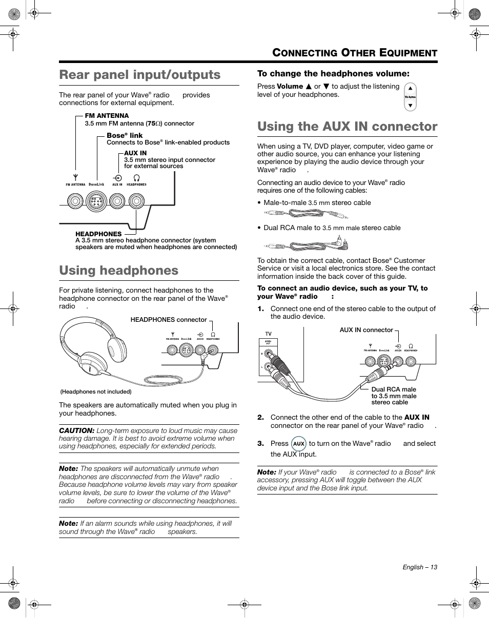 Rear panel input/outputs, Using headphones, Using the aux in connector | Onnecting, Ther, Quipment | Bose Wave Radio III User Manual | Page 13 / 24