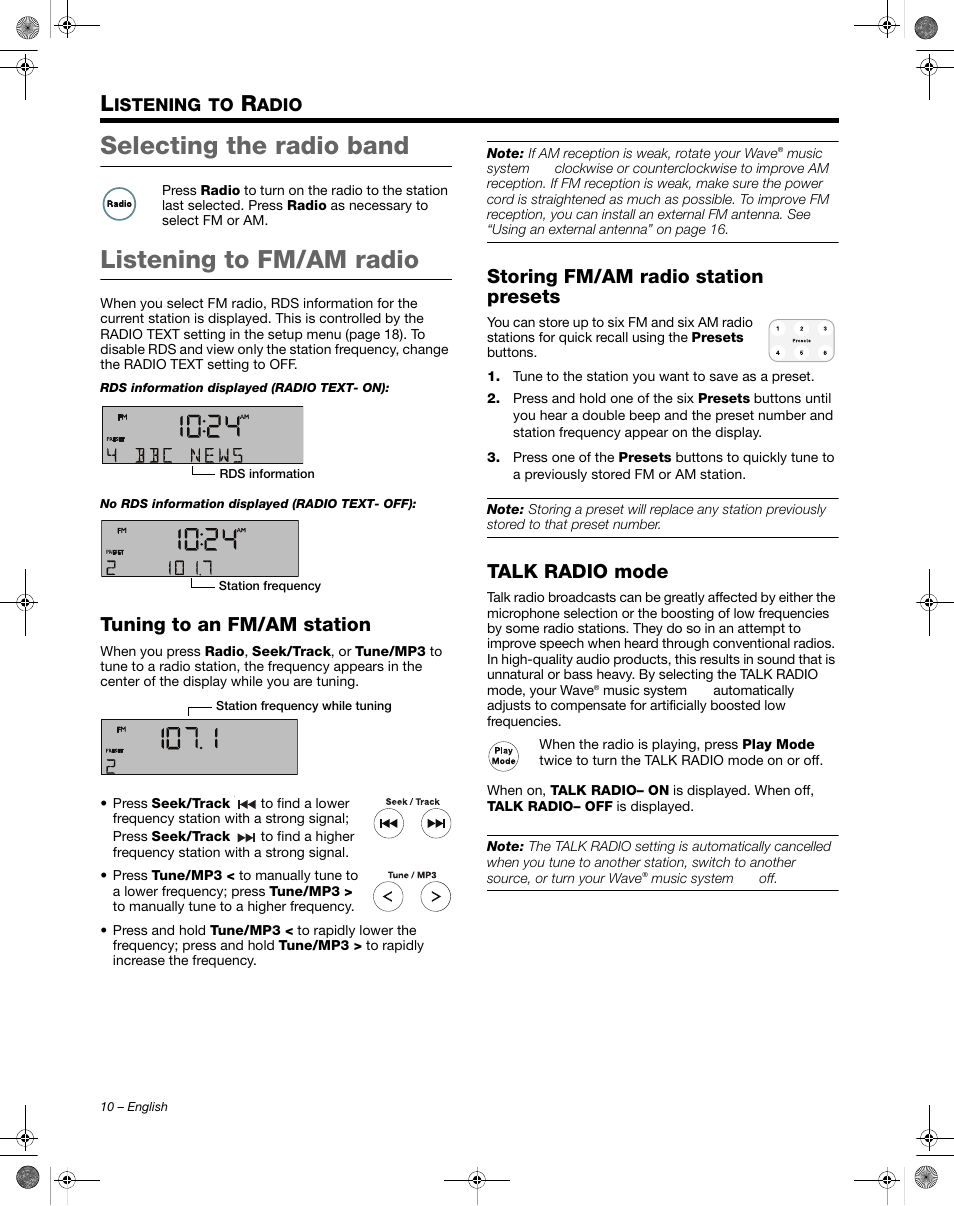 Selecting the radio band, Listening to fm/am radio, Tuning to an fm/am station | Storing fm/am radio station presets, Talk radio mode | Bose Wave Music System III User Manual | Page 10 / 28
