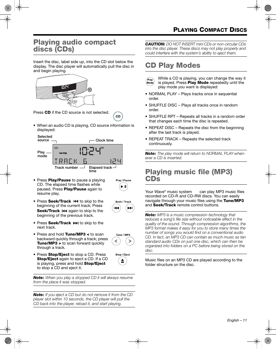 Playing audio compact discs (cds), Cd play modes, Playing music file (mp3) cds | Bose Wave Music System III User Manual | Page 11 / 28