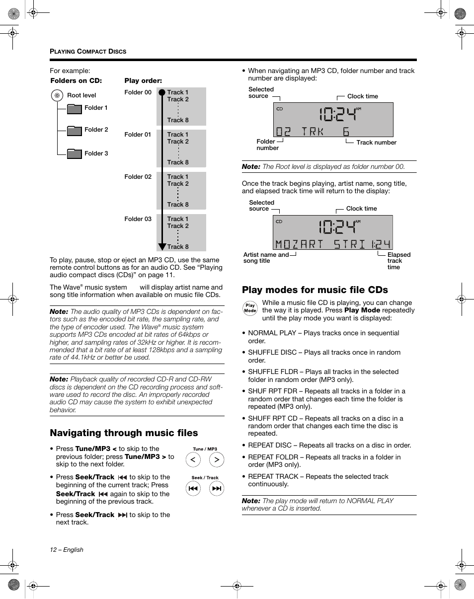 Navigating through music files, Play modes for music file cds | Bose Wave Music System III User Manual | Page 12 / 28