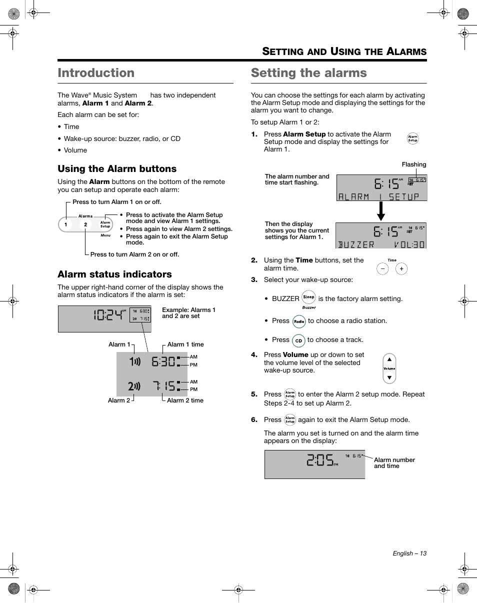 Introduction, Setting the alarms, Using the alarm buttons | Alarm status indicators | Bose Wave Music System III User Manual | Page 13 / 28