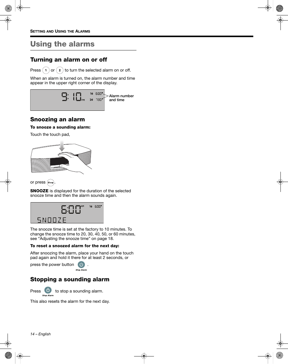 Using the alarms, Turning an alarm on or off, Snoozing an alarm | Stopping a sounding alarm | Bose Wave Music System III User Manual | Page 14 / 28