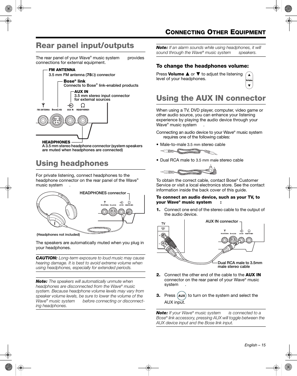 Rear panel input/outputs, Using headphones, Using the aux in connector | Onnecting, Ther, Quipment | Bose Wave Music System III User Manual | Page 15 / 28