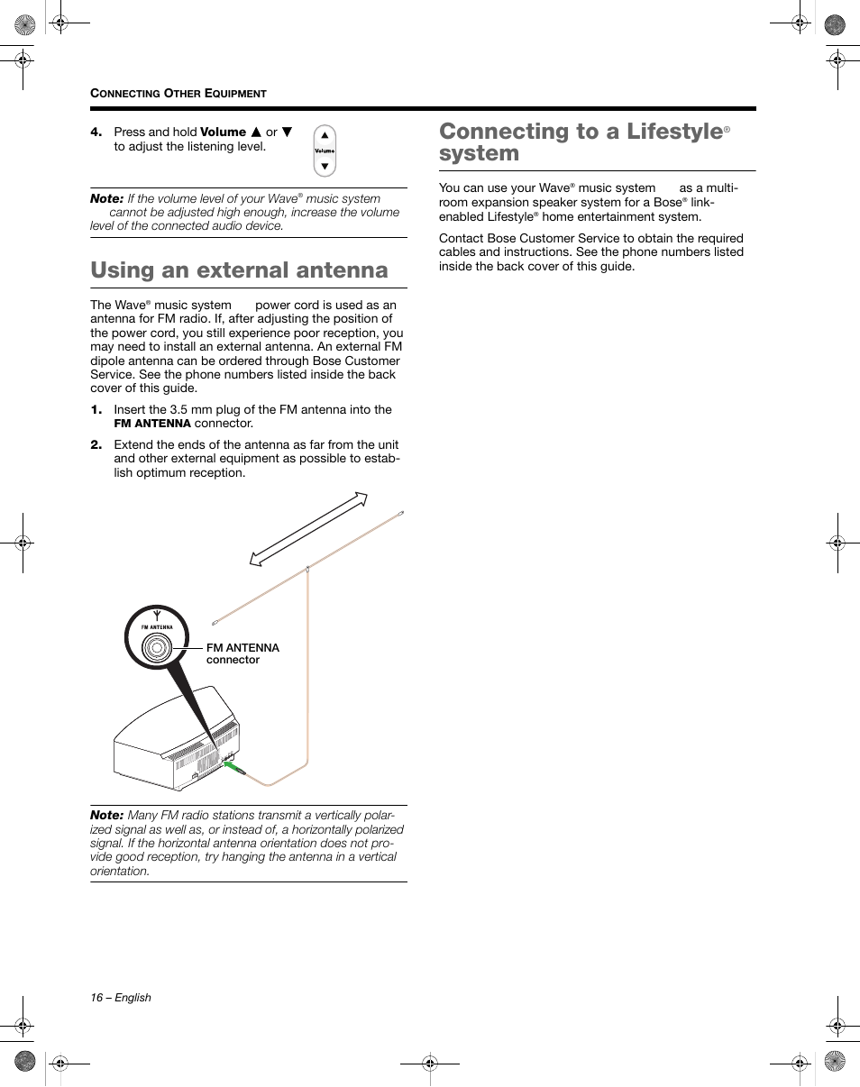 Using an external antenna, Connecting to a lifestyle, System | Bose Wave Music System III User Manual | Page 16 / 28