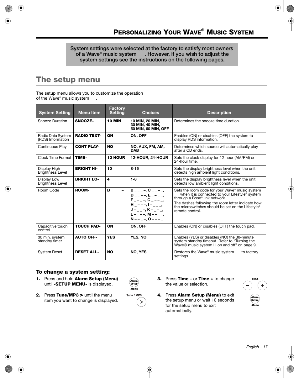 The setup menu, Ersonalizing, Usic | Ystem | Bose Wave Music System III User Manual | Page 17 / 28