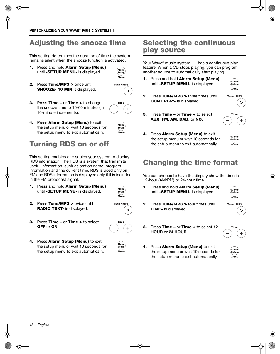 Adjusting the snooze time, Turning rds on or off, Selecting the continuous play source | Changing the time format | Bose Wave Music System III User Manual | Page 18 / 28