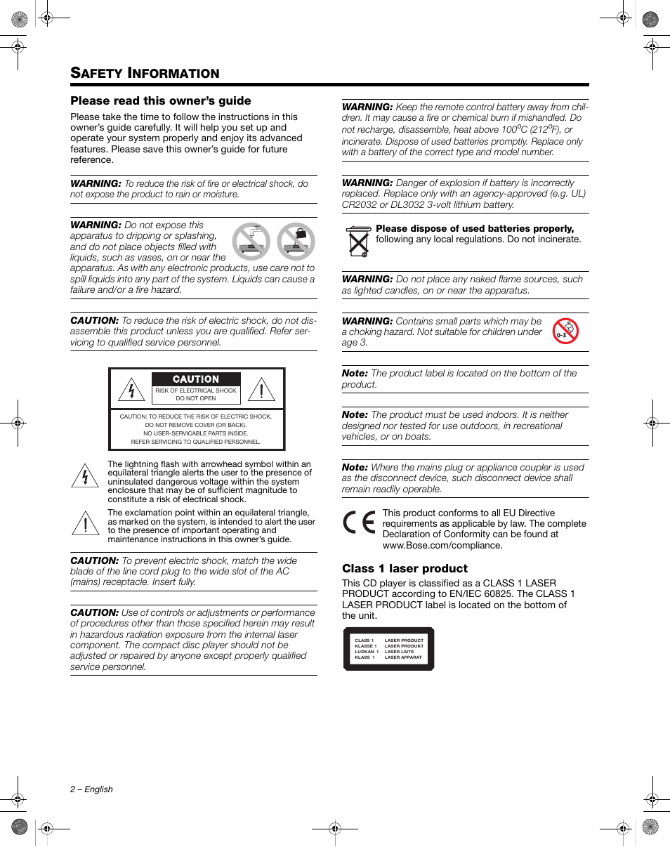 Afety, Nformation, Please read this owner’s guide | Class 1 laser product | Bose Wave Music System III User Manual | Page 2 / 28