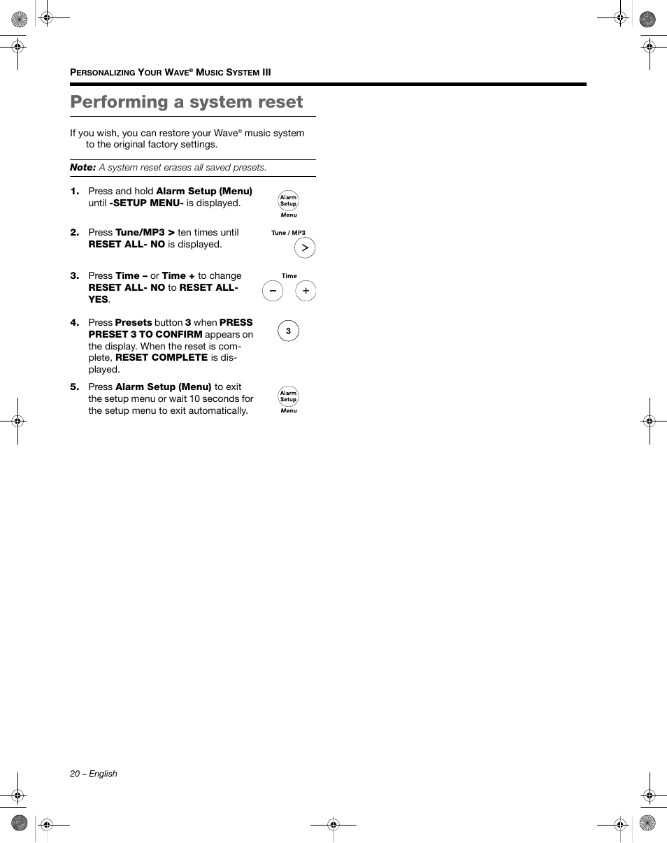 Performing a system reset | Bose Wave Music System III User Manual | Page 20 / 28