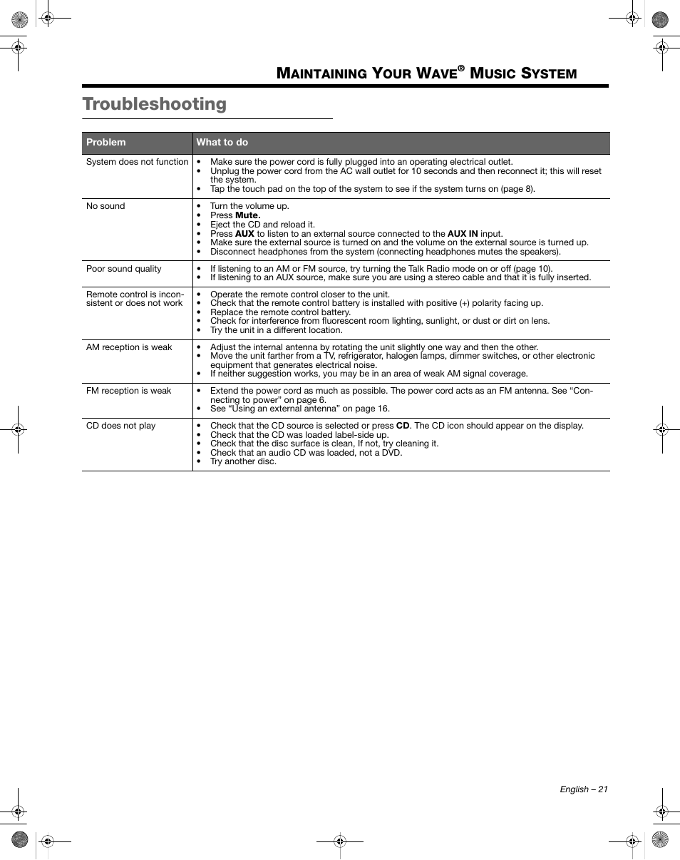 Troubleshooting, Aintaining, Usic | Ystem | Bose Wave Music System III User Manual | Page 21 / 28