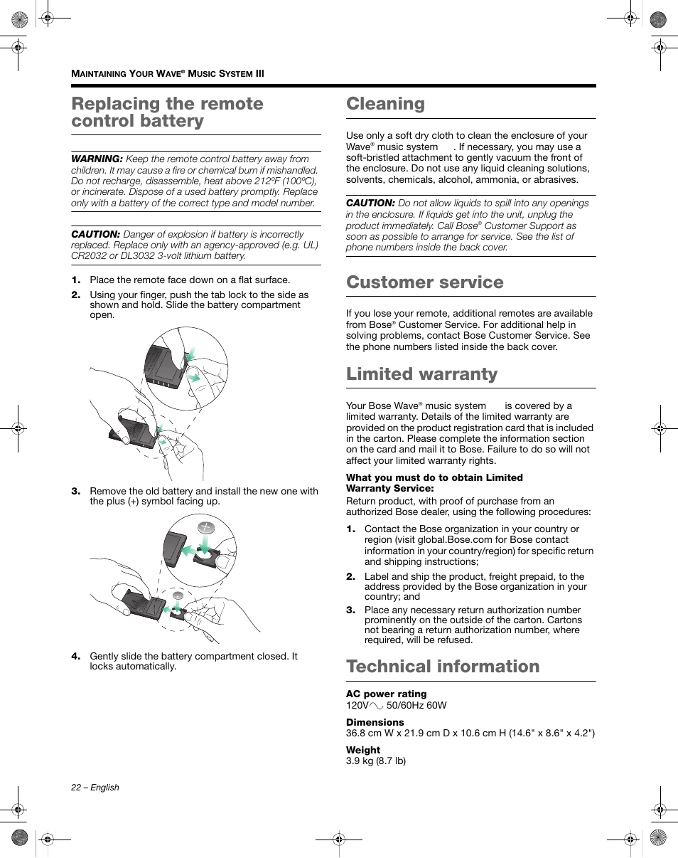 Replacing the remote control battery, Cleaning, Customer service | Limited warranty, Technical information | Bose Wave Music System III User Manual | Page 22 / 28