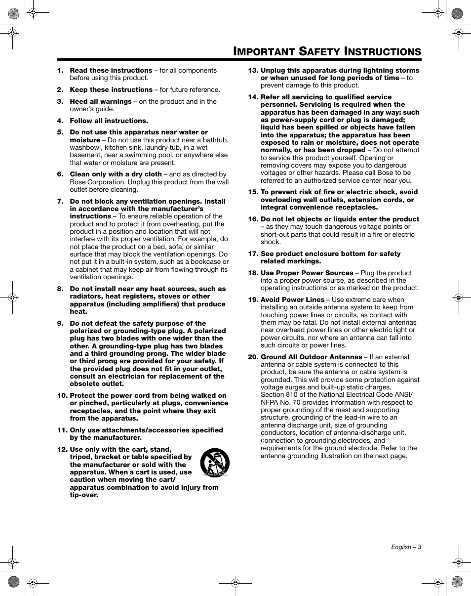 Mportant, Afety, Nstructions | Bose Wave Music System III User Manual | Page 3 / 28