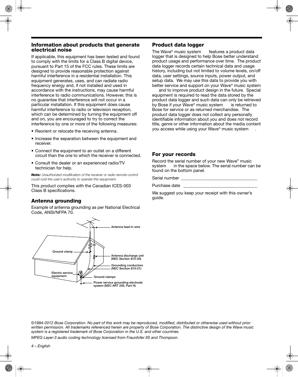 Antenna grounding, Product data logger, For your records | Bose Wave Music System III User Manual | Page 4 / 28