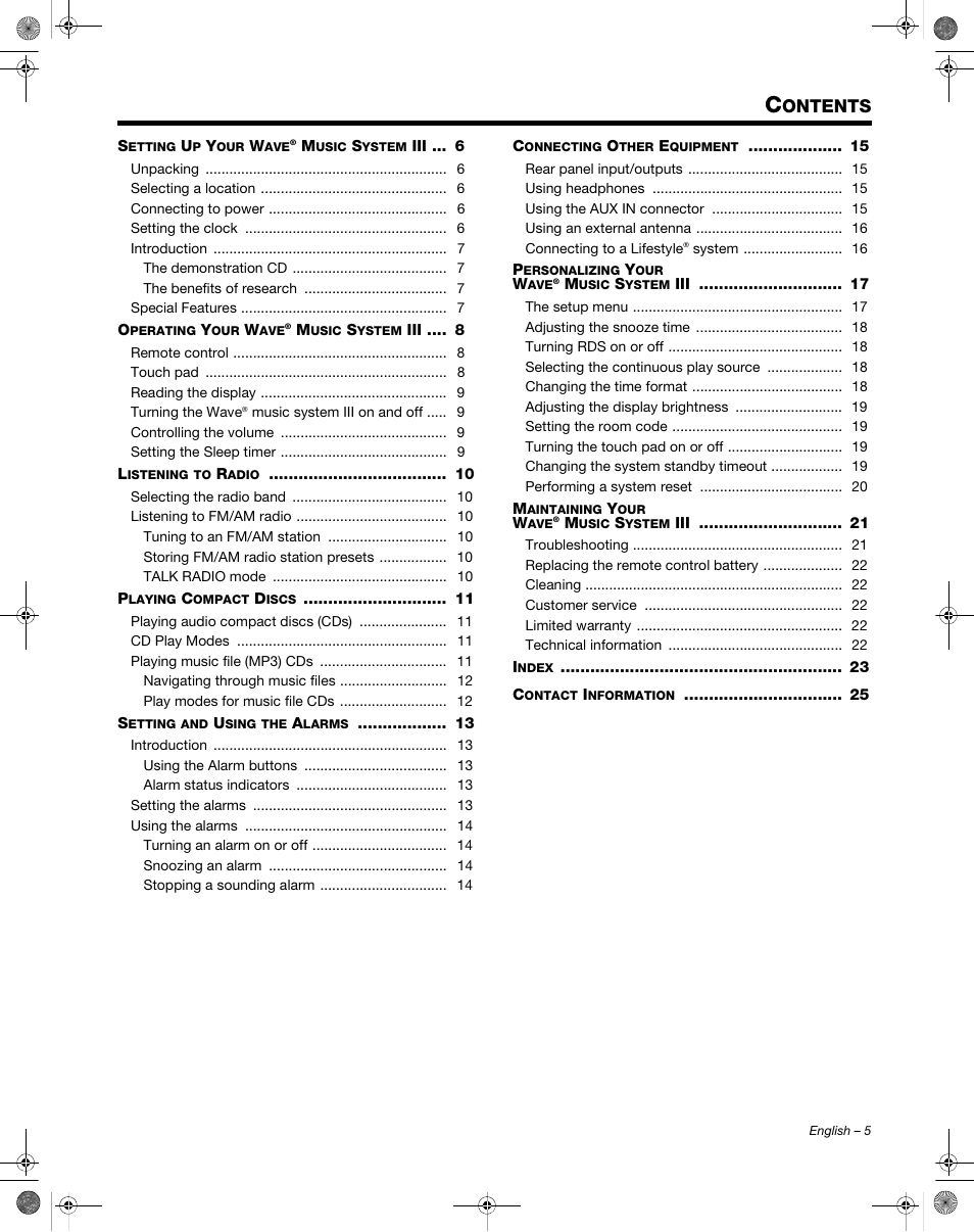 Ontents | Bose Wave Music System III User Manual | Page 5 / 28