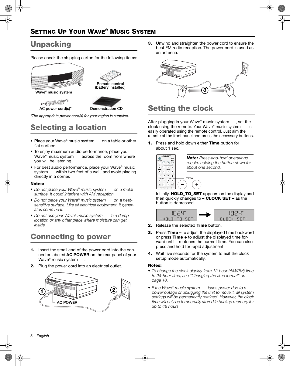 Unpacking, Selecting a location, Connecting to power | Setting the clock | Bose Wave Music System III User Manual | Page 6 / 28