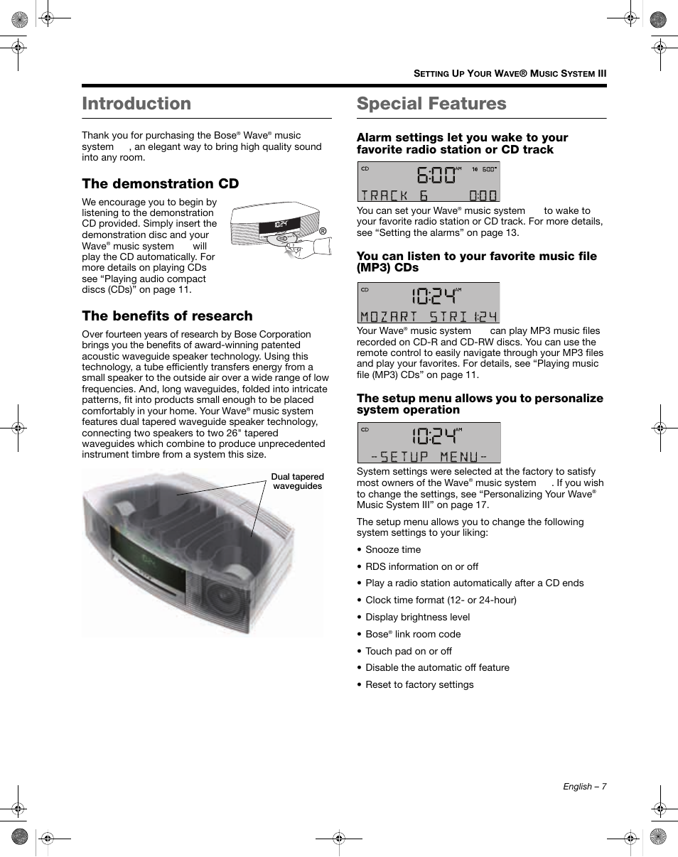 Introduction, Special features, The demonstration cd | The benefits of research | Bose Wave Music System III User Manual | Page 7 / 28
