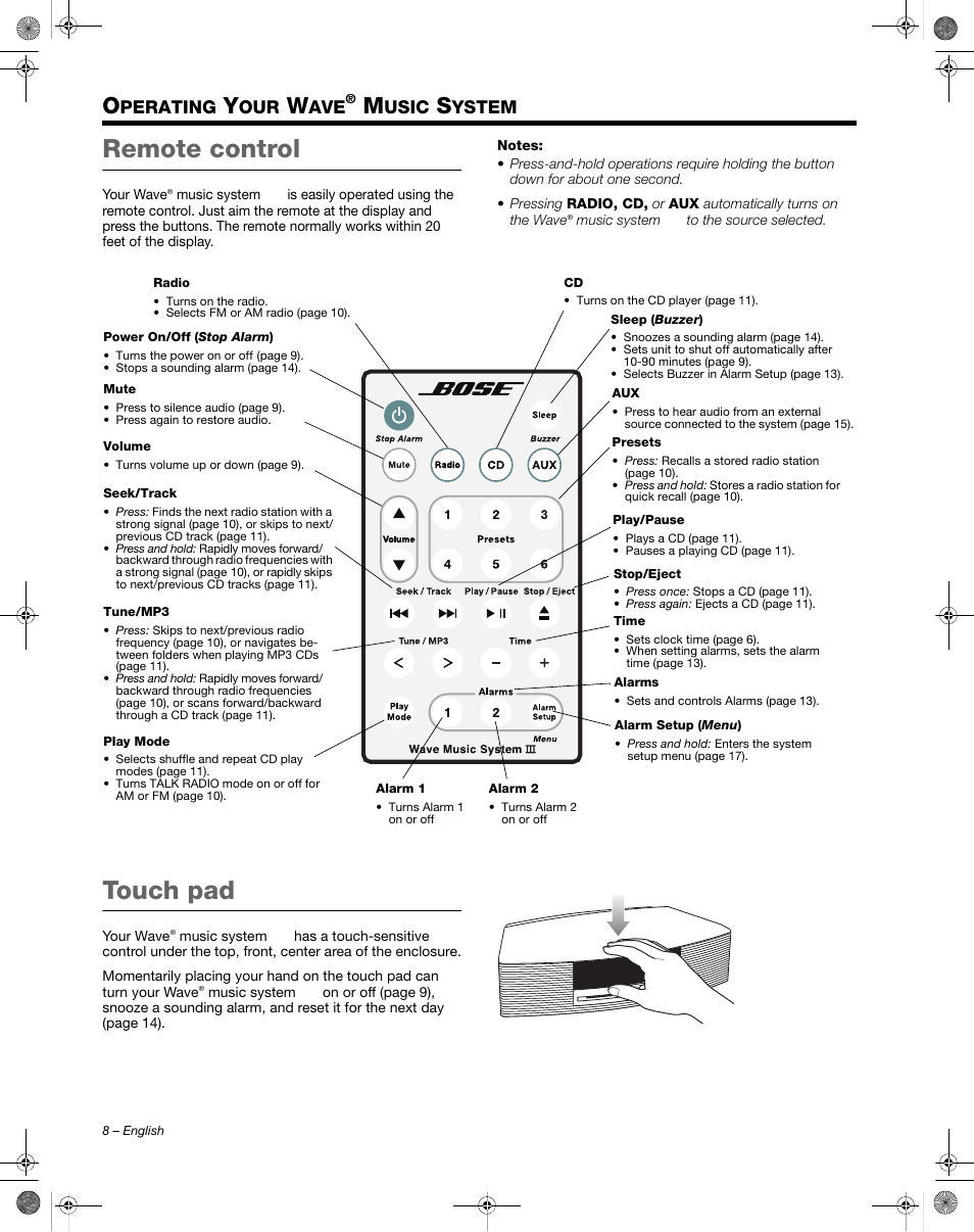 Remote control, Touch pad, Perating | Usic, Ystem | Bose Wave Music System III User Manual | Page 8 / 28