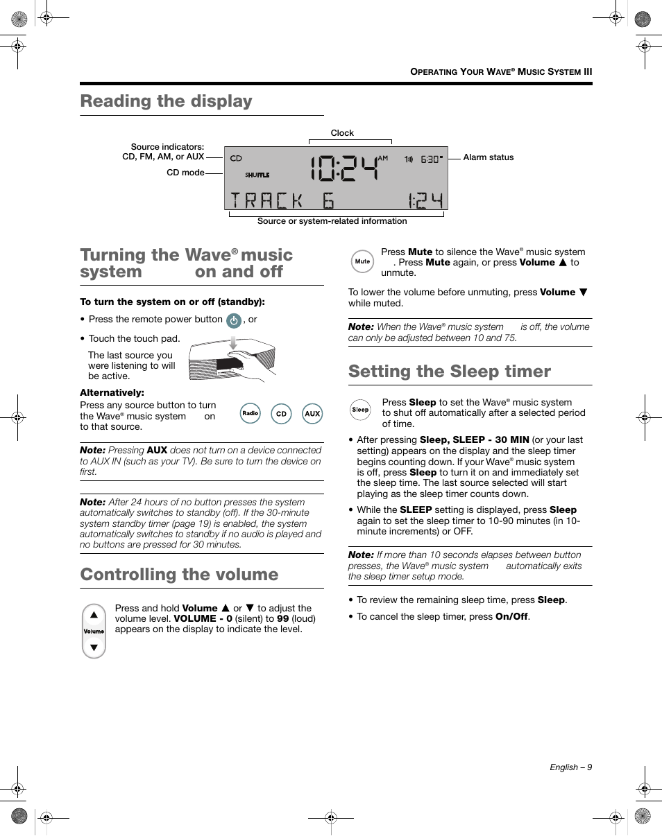 Reading the display turning the wave, Controlling the volume, Setting the sleep timer | Bose Wave Music System III User Manual | Page 9 / 28