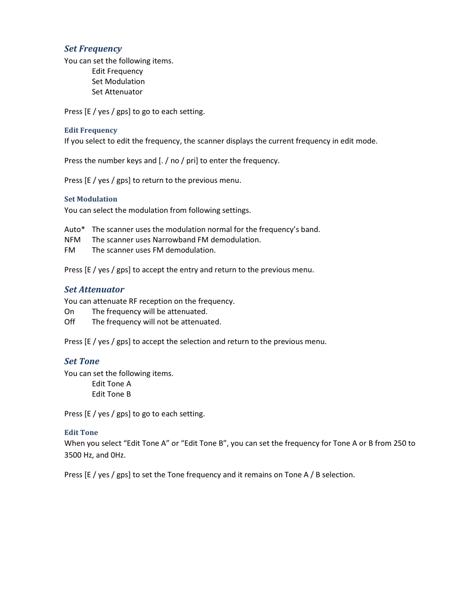 Set frequency, Edit frequency, Set modulation | Set attenuator, Set tone, Edit tone | Uniden BCD396XT User Manual | Page 99 / 273