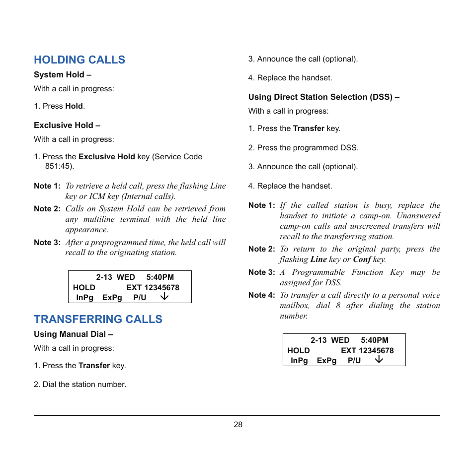 Holding calls, Transferring calls | NEC SV8100 User Manual | Page 34 / 69