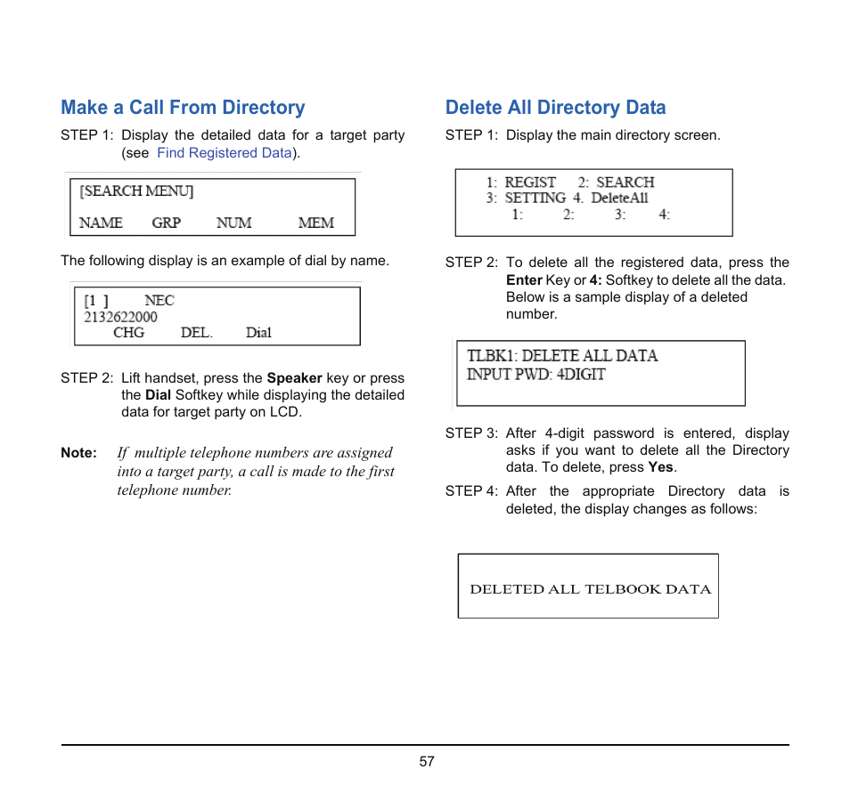 Make a call from directory, Delete all directory data | NEC SV8100 User Manual | Page 63 / 69