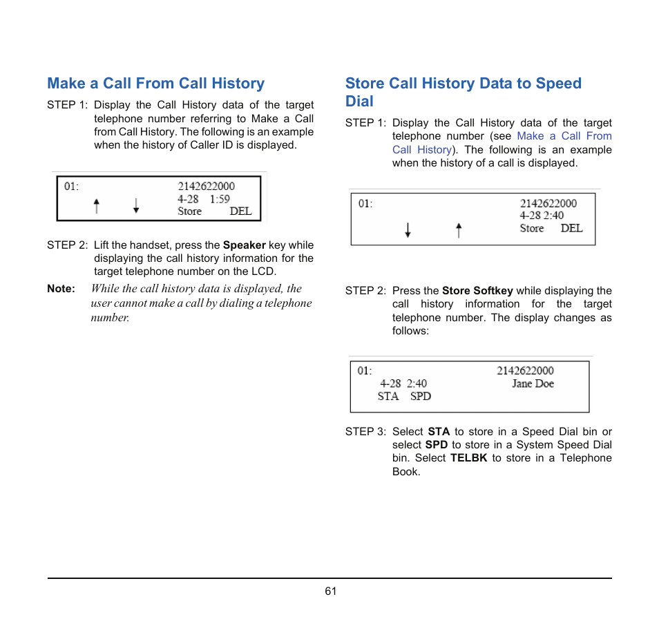 Make a call from call history, Store call history data to speed dial | NEC SV8100 User Manual | Page 67 / 69