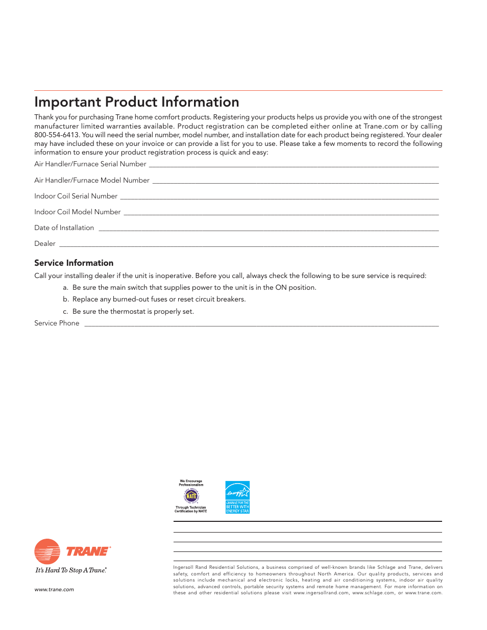 Important product information | Trane XR80 User Manual | Page 12 / 12