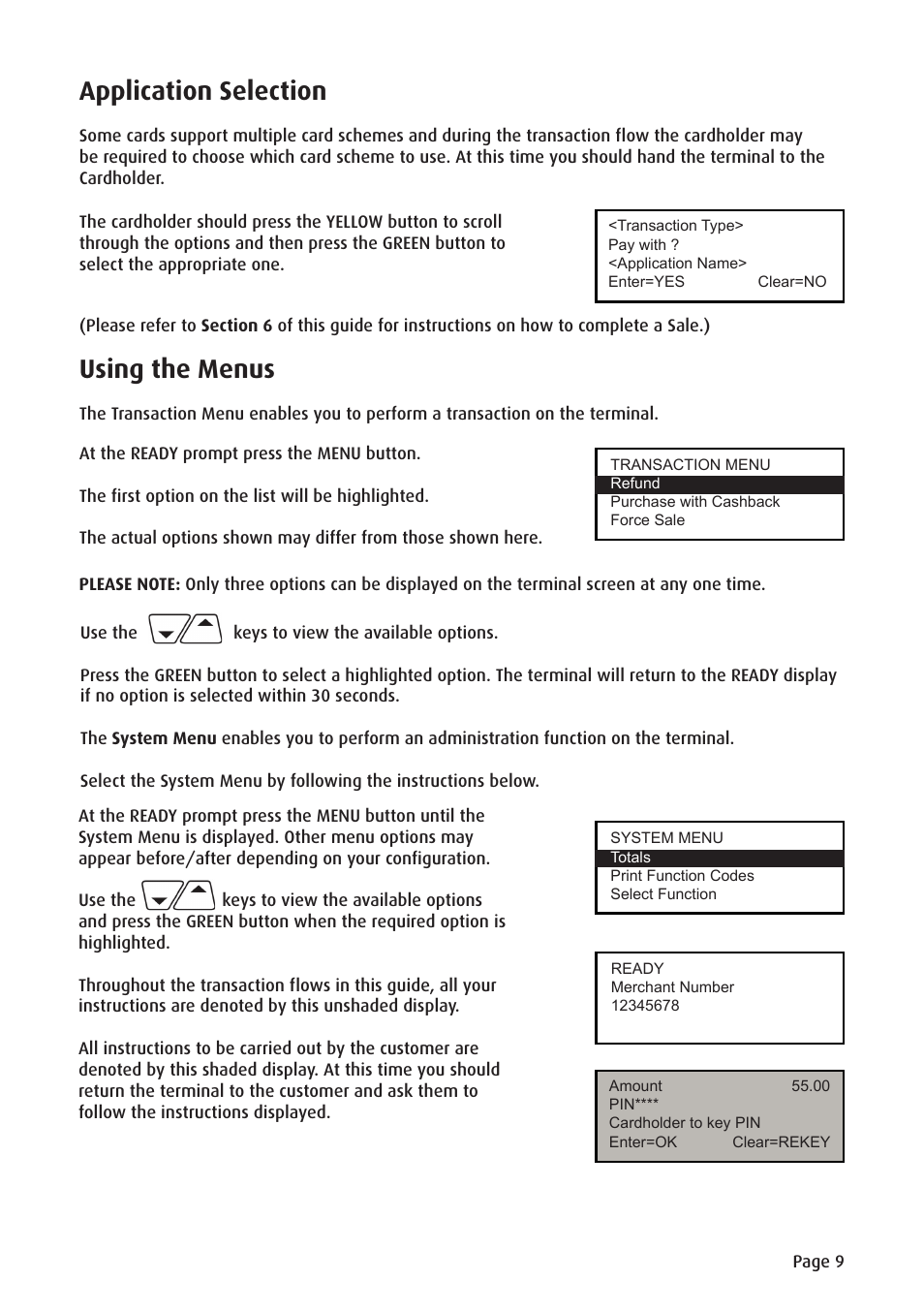 Application selection, Using the menus | Ingenico ict220 User Manual | Page 10 / 34