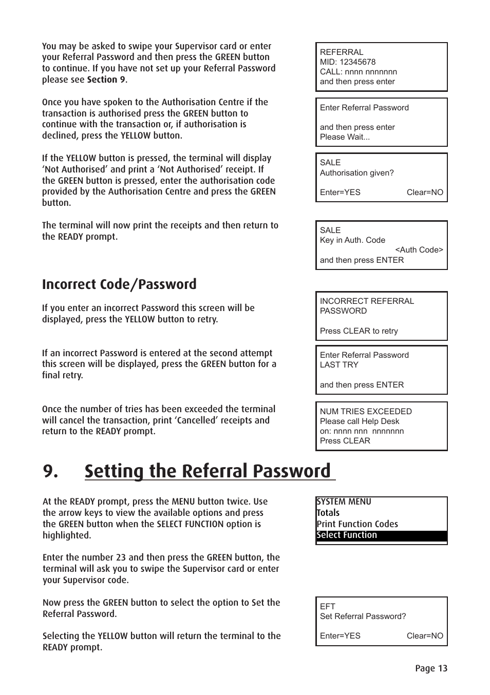 Setting the referral password, Incorrect code/password | Ingenico ict220 User Manual | Page 14 / 34