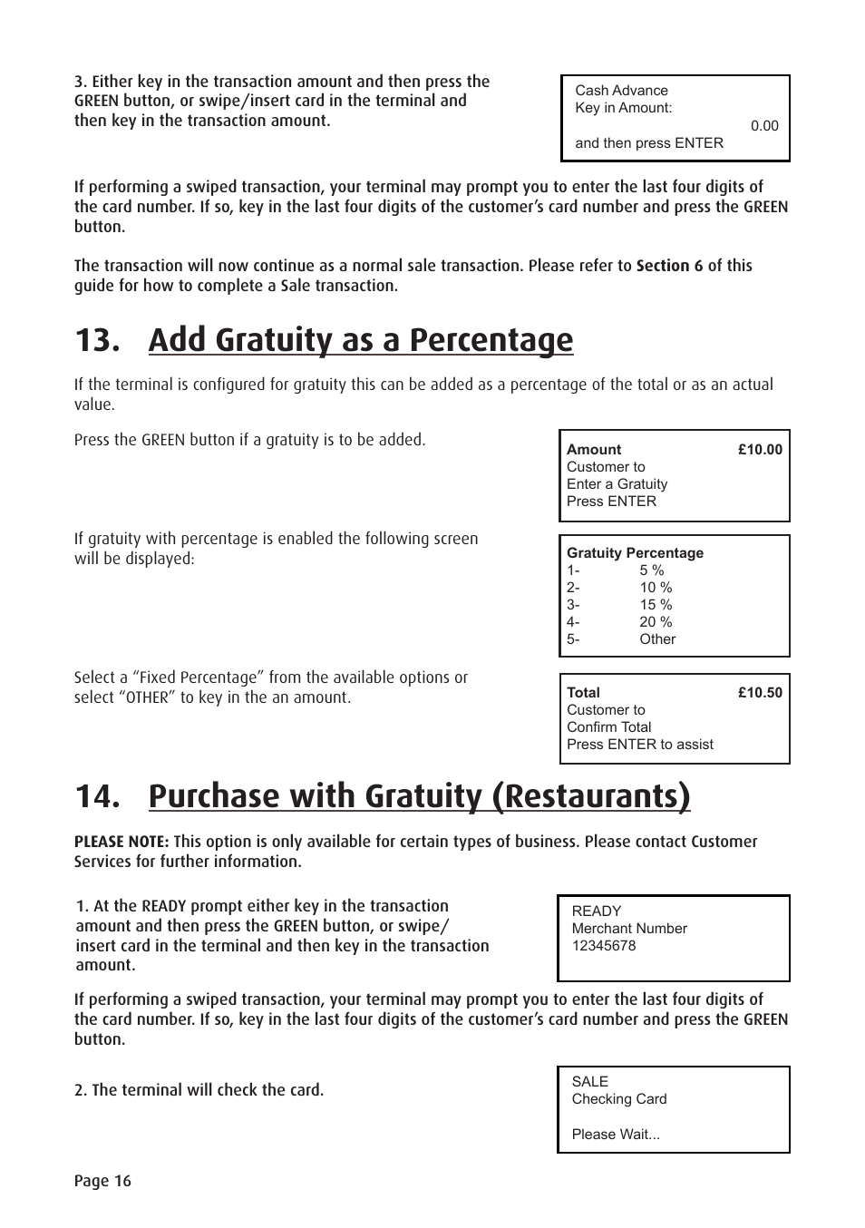 Add gratuity as a percentage, Purchase with gratuity (restaurants) | Ingenico ict220 User Manual | Page 17 / 34