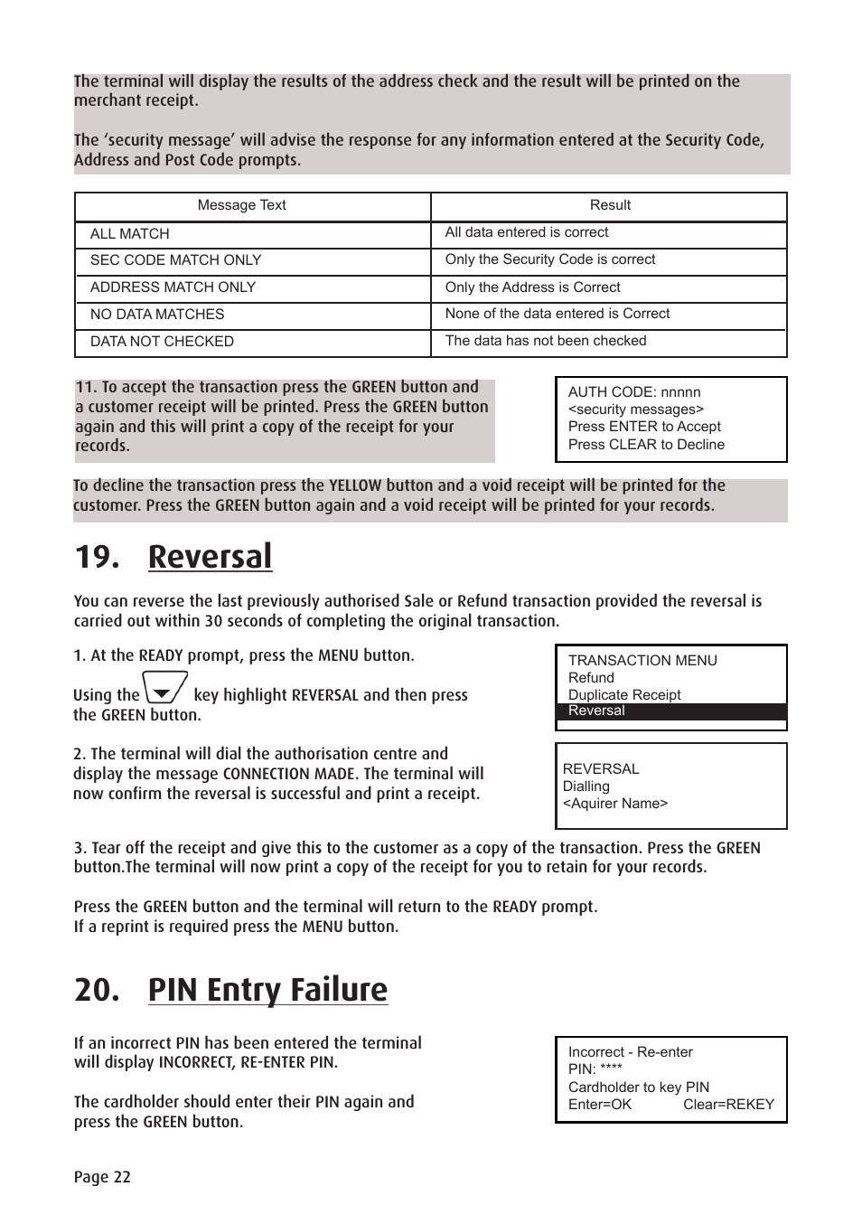 Pin entry failure, Reversal | Ingenico ict220 User Manual | Page 23 / 34