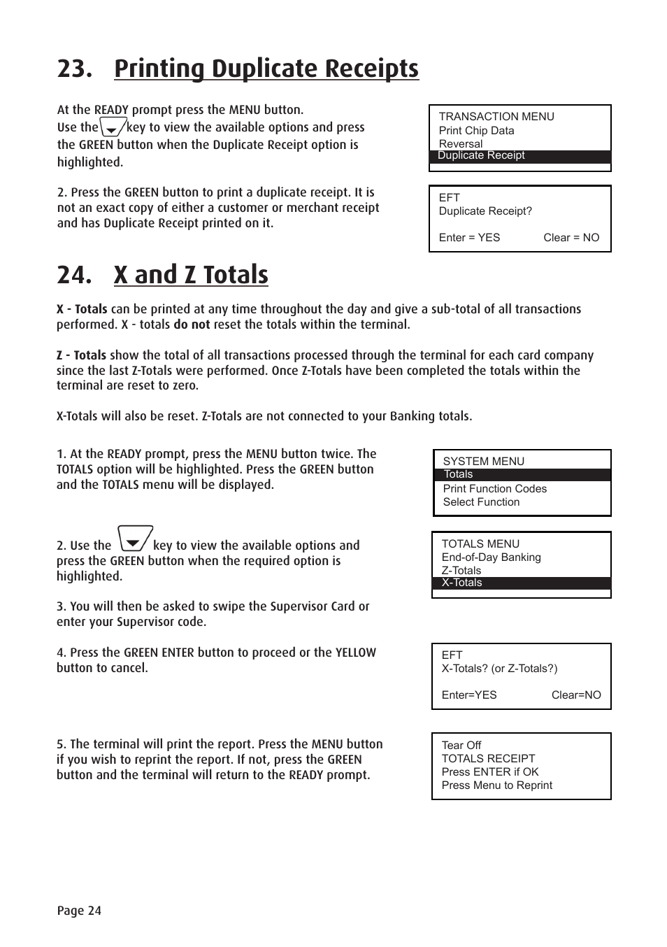 Printing duplicate receipts, X and z totals | Ingenico ict220 User Manual | Page 25 / 34