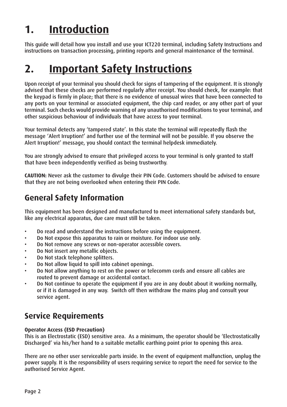 Introduction, Important safety instructions, General safety information | Service requirements | Ingenico ict220 User Manual | Page 3 / 34