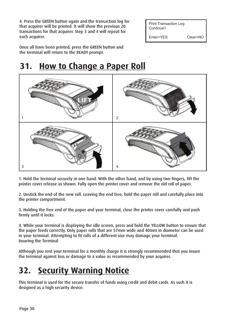 How to change a paper roll, Security warning notice | Ingenico ict220 User Manual | Page 31 / 34