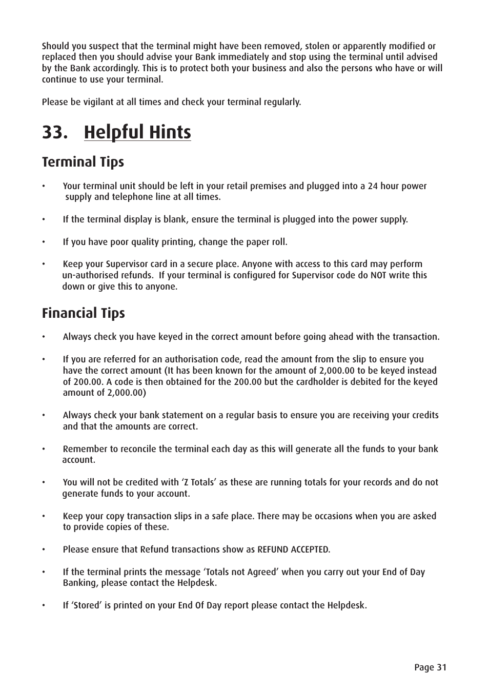 Helpful hints, Terminal tips, Financial tips | Ingenico ict220 User Manual | Page 32 / 34