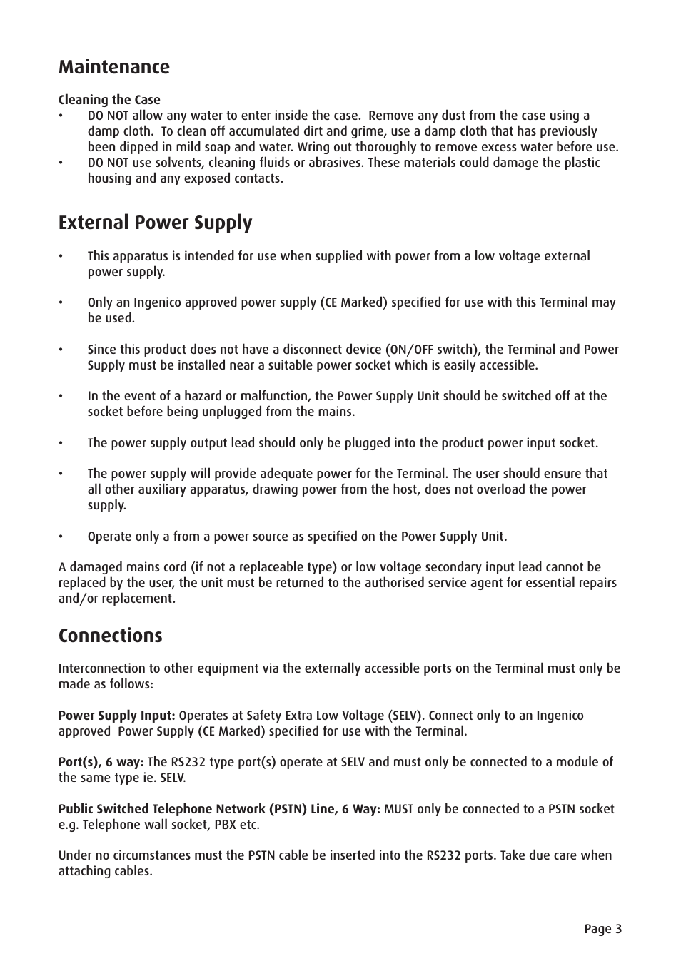 Maintenance, External power supply, Connections | Ingenico ict220 User Manual | Page 4 / 34