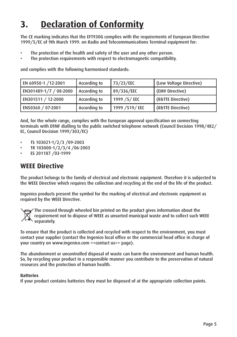 Declaration of conformity, Weee directive | Ingenico ict220 User Manual | Page 6 / 34