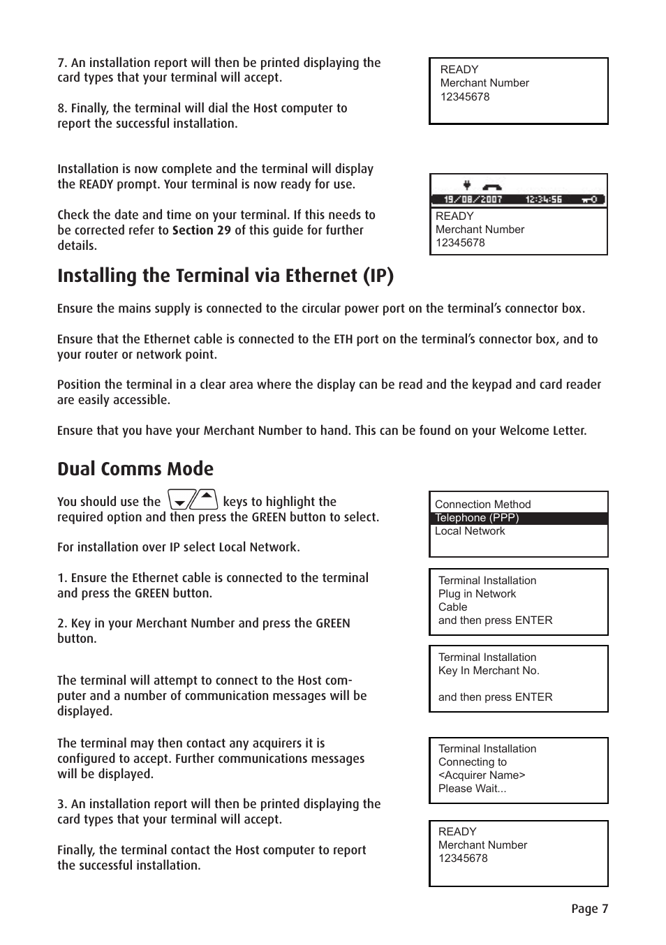 Installing the terminal via ethernet (ip), Dual comms mode | Ingenico ict220 User Manual | Page 8 / 34