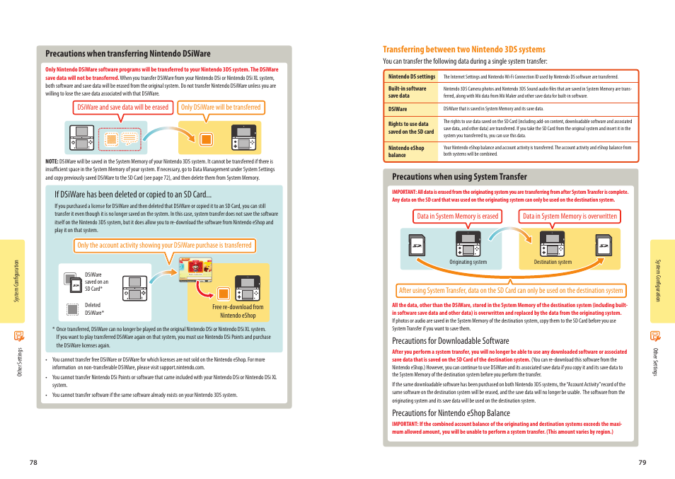 Precautions when transferring nintendo dsiware, Transferring between two nintendo 3ds systems, Precautions when using system transfer | Precautions for downloadable software, Precautions for nintendo eshop balance | Nintendo 3DS User Manual | Page 41 / 52