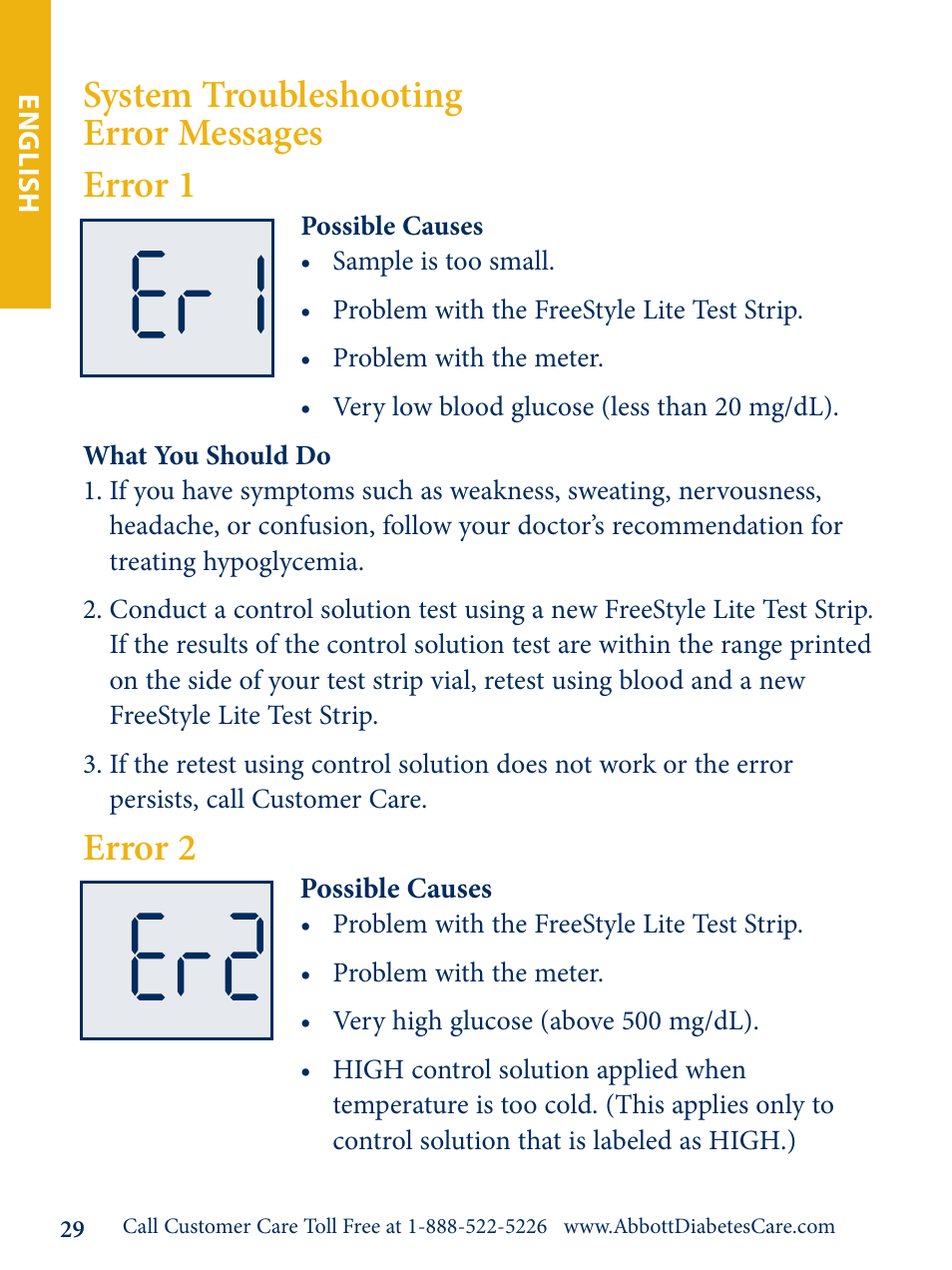 System troubleshooting error messages error 1, Error 2 | Abbott Freestyle Lite User Manual | Page 31 / 72