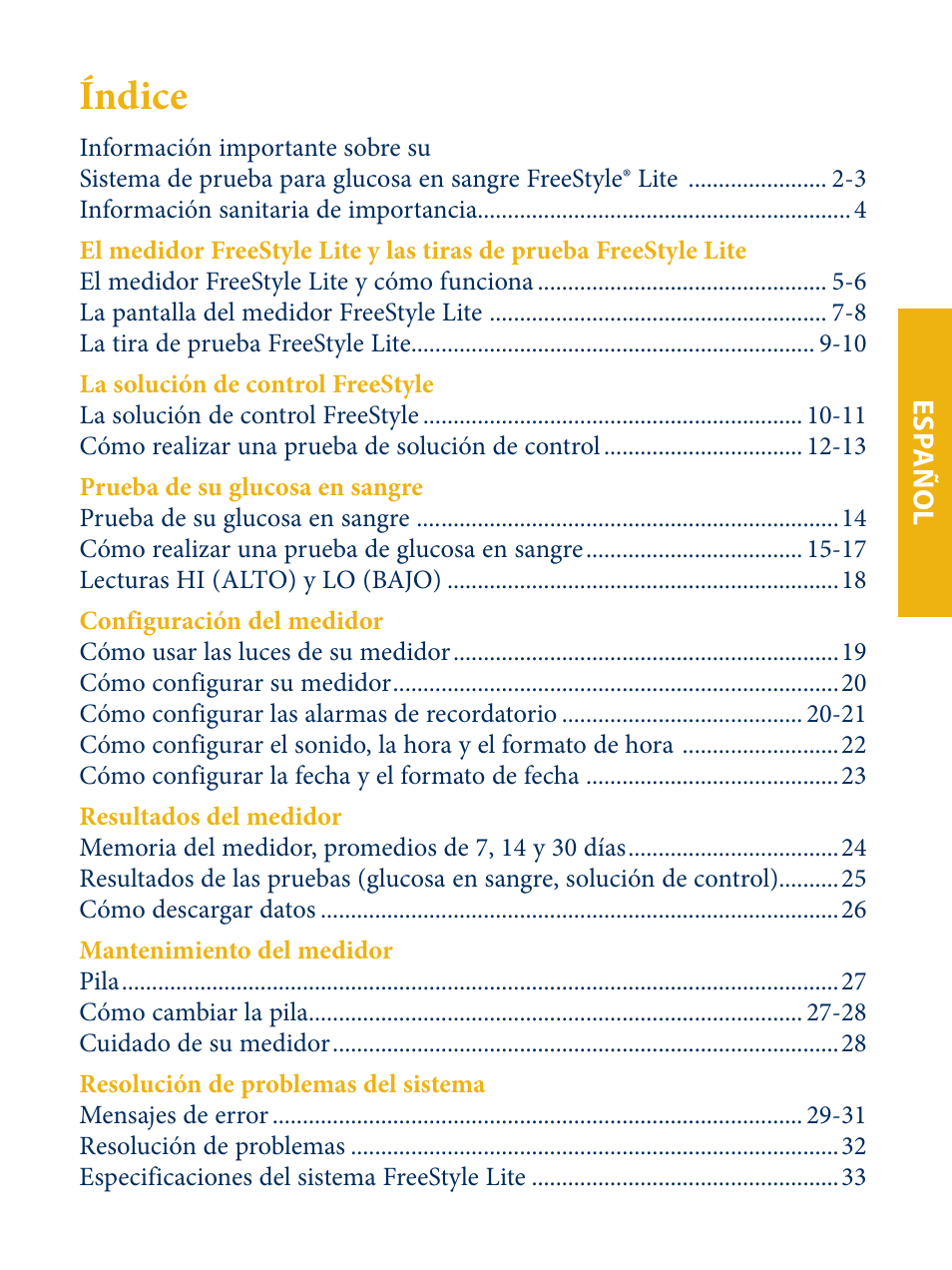 Índice | Abbott Freestyle Lite User Manual | Page 38 / 72