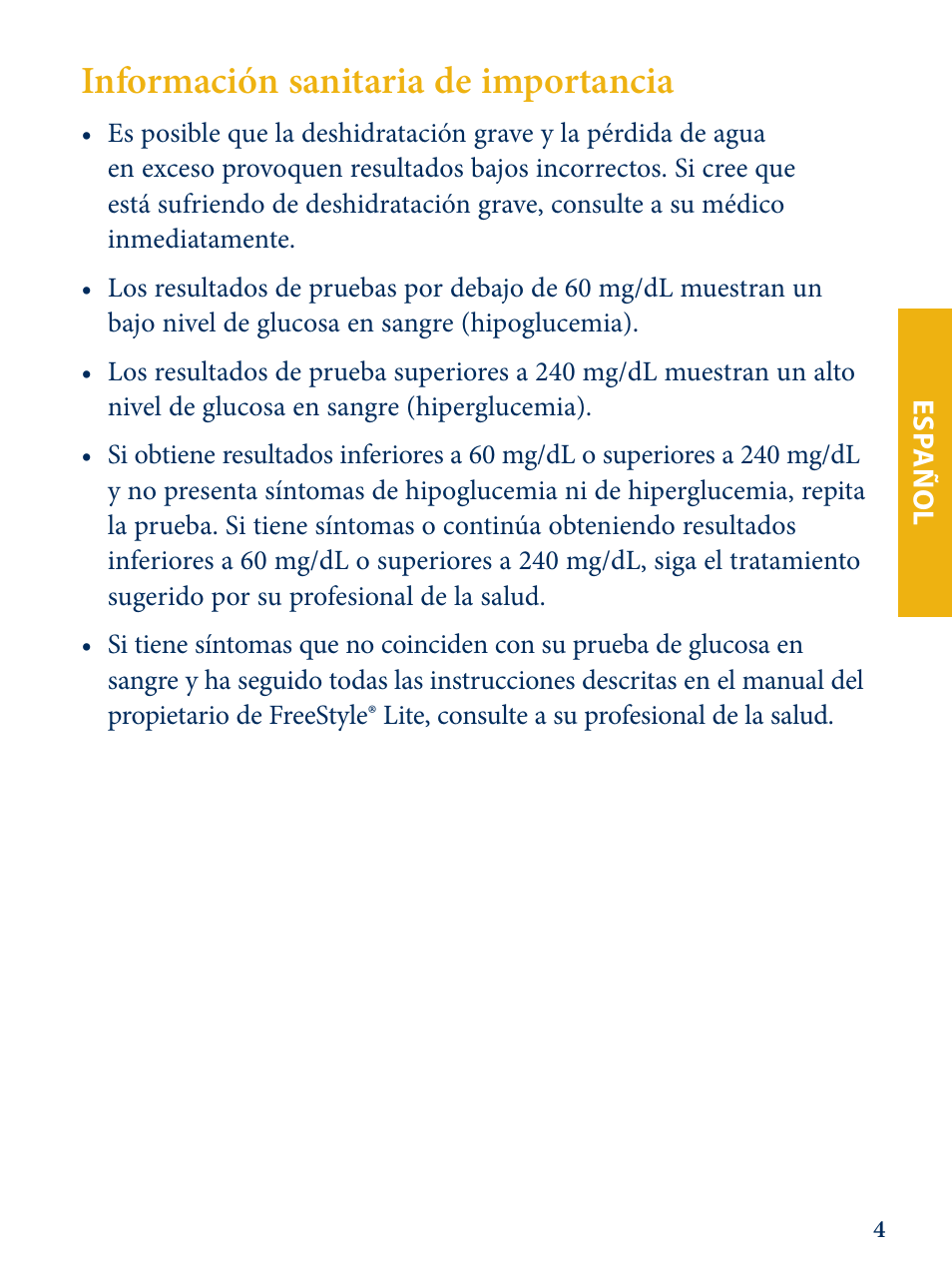 Información sanitaria de importancia | Abbott Freestyle Lite User Manual | Page 42 / 72