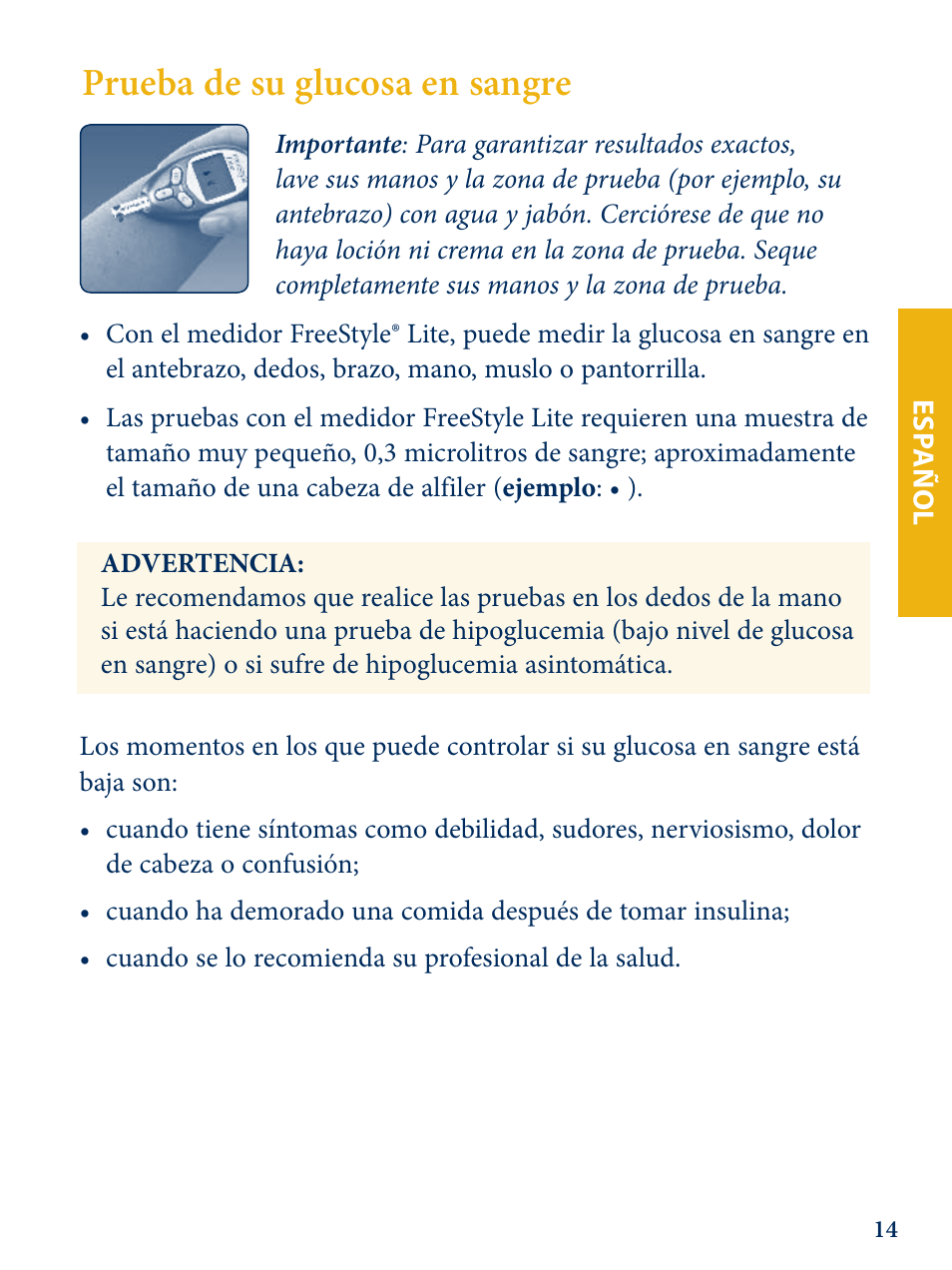 Prueba de su glucosa en sangre | Abbott Freestyle Lite User Manual | Page 52 / 72