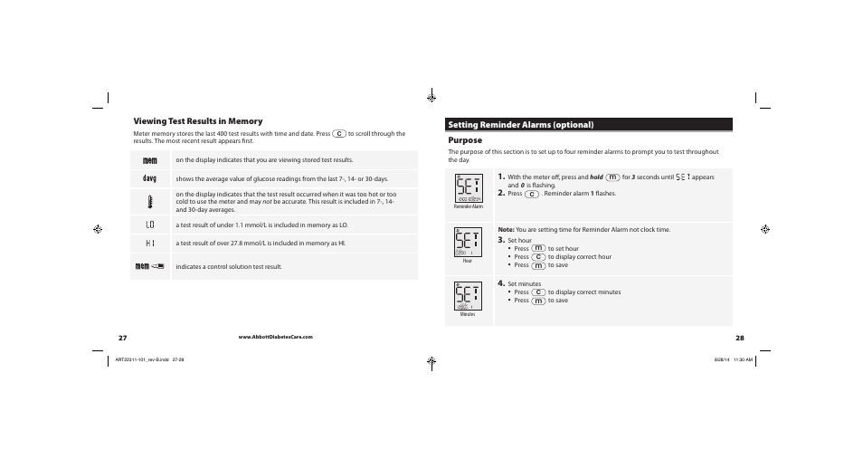 Viewing test results in memory, Setting reminder alarms (optional) purpose | Abbott Freestyle Freedom Lite User Manual | Page 17 / 22