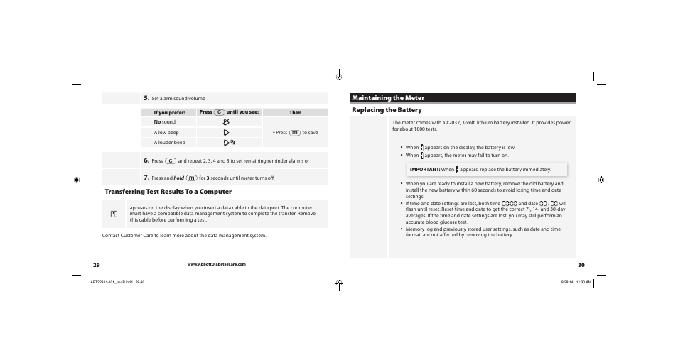 Transferring test results to a computer, Maintaining the meter replacing the battery | Abbott Freestyle Freedom Lite User Manual | Page 18 / 22